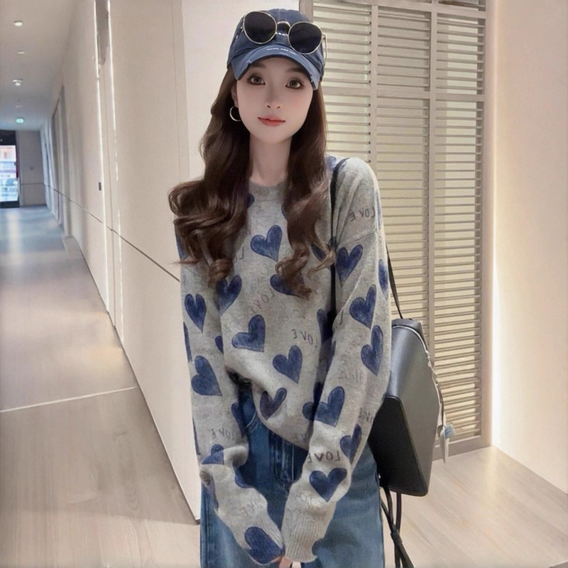 Korean Style Loose Heart Letter Knitwear Top for Women Early Autumn Lazy Style Fashionable Age-Reducing Pullover Knitwear