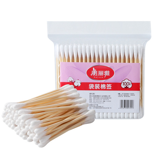 Meliya 100-count bagged wooden handle cotton swabs for makeup, cotton swabs, double-ended, department store wholesale