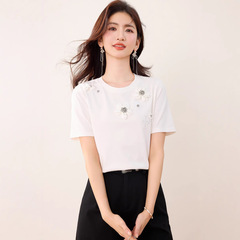 新中国式刺繍tシャツ女性2025新夏起爆減齢百合半袖上着女性シャツtシャツ