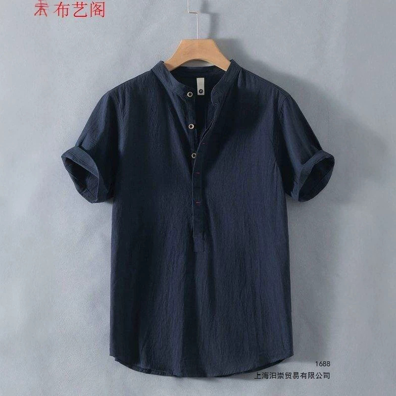 Henry Collar Linen Short-Sleeved Shirt for Men, Collarless Men's Cotton and Linen Shirt, T-Shirt Top, Polo Shirt, Summer Chinese Style