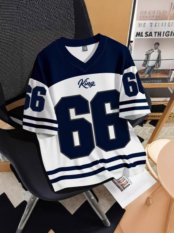 2025年クロスボーダーデジタルパターントレンドカジュアルシンプルスタイルファッションベーシックTシャツVネック半袖外国貿易|undefined