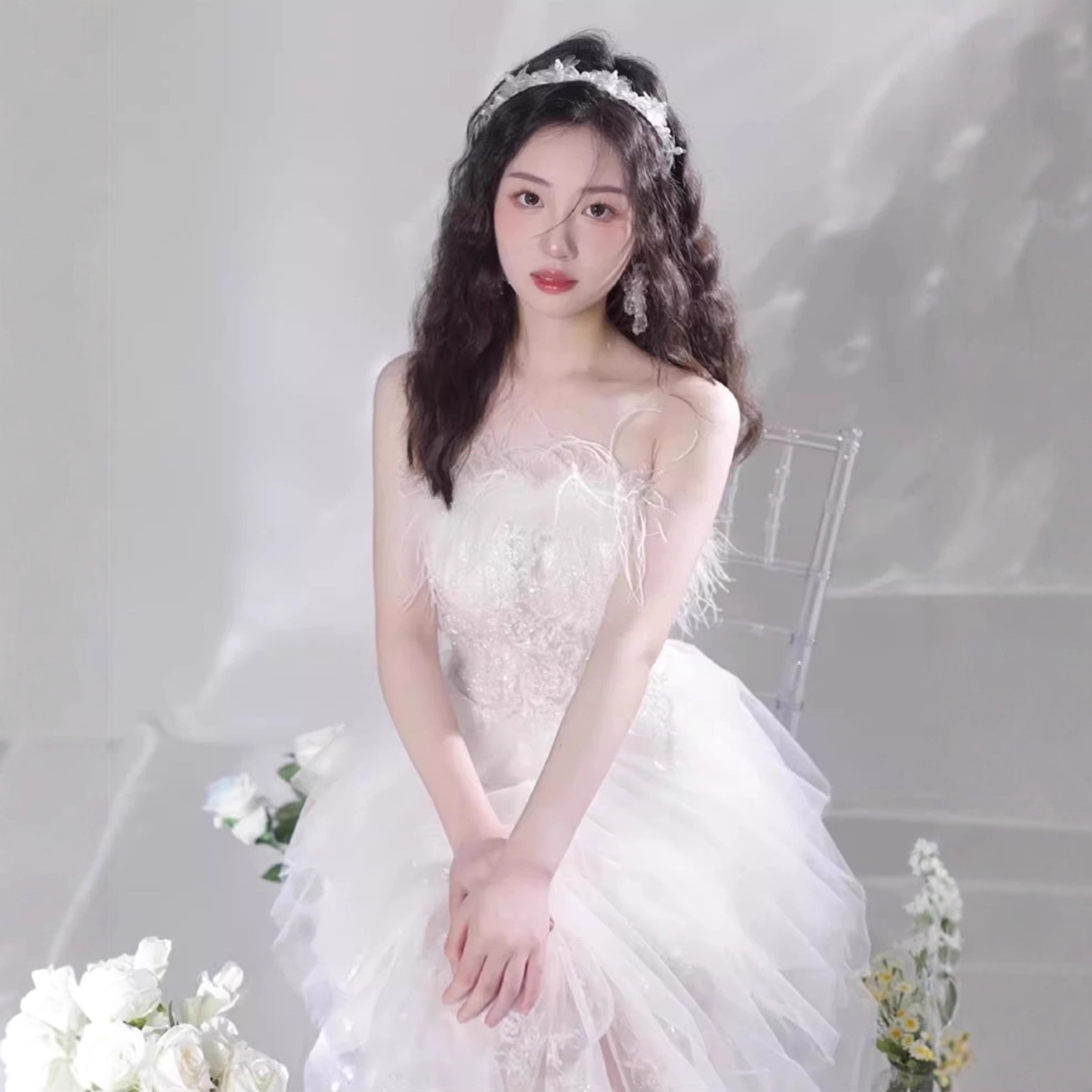 White Strapless Birthday Dress, Puffy Mesh Princess Dress, Socialite Party Dress, Waist-Cinching Dress, Evening Dress