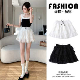 夏季新款撞色蝴蝶结蕾丝半身裙芭蕾风蛋糕裙蓬蓬短裙有内衬宽松