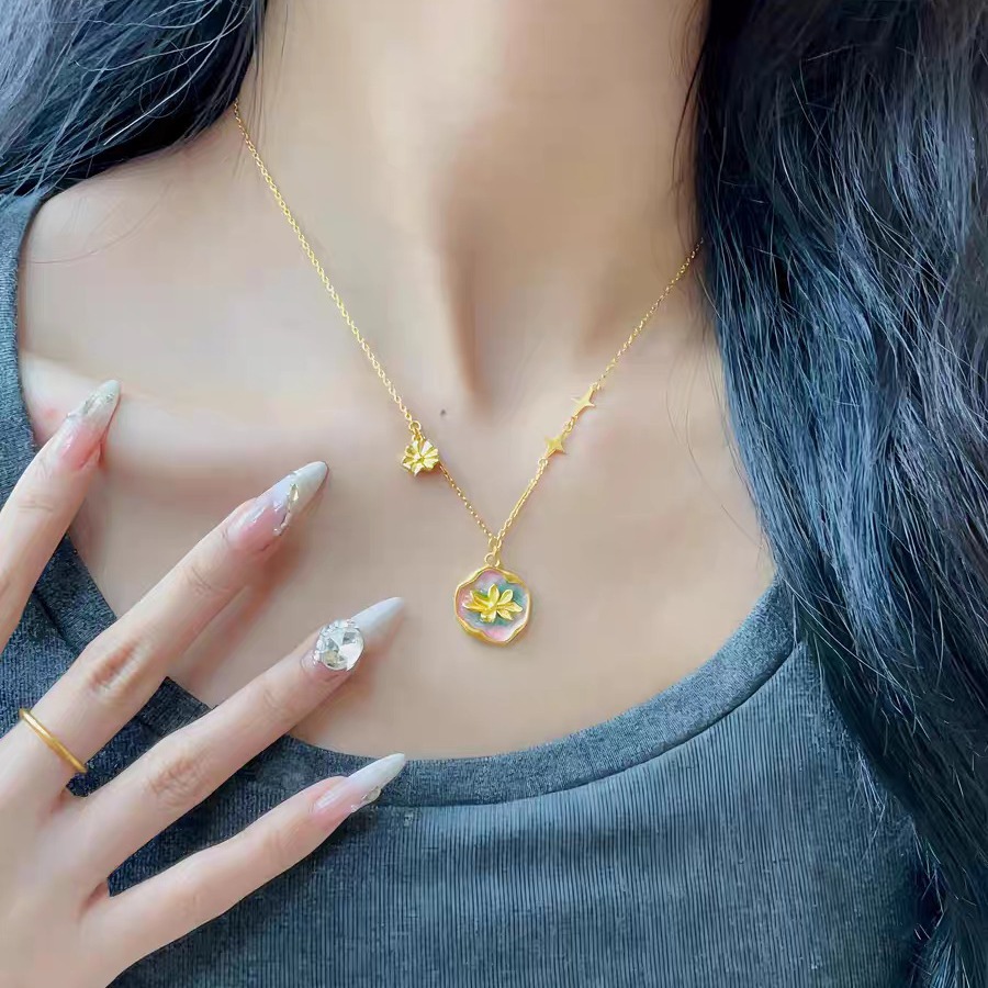 Antica Insalata Oro Bruciato Blu Smalto Monet Giardino Loto Collana Pendente Fidanzata Catena Clavicola Vintage Moda Regalo_voghion.com