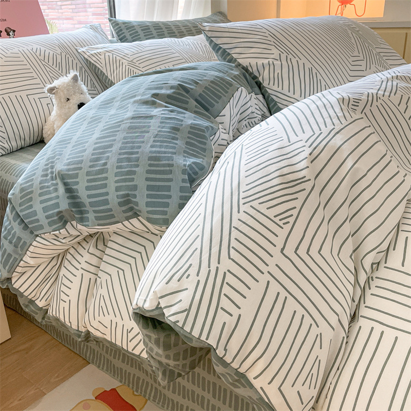 Juego de cuatro piezas de algodón fresco, juego de tres piezas de algodón, funda de edredón gruesa para el hogar, sábana de dormitorio, lijado, cama individual para estudiantes