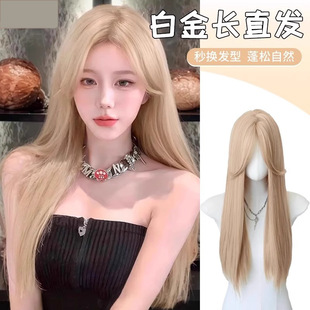 Golden Wig with Middle Parting for Women with Long Hair, Rose Style, Group Style, Long Straight Hair with Bangs, Realistic Human Hair Full Headband Style