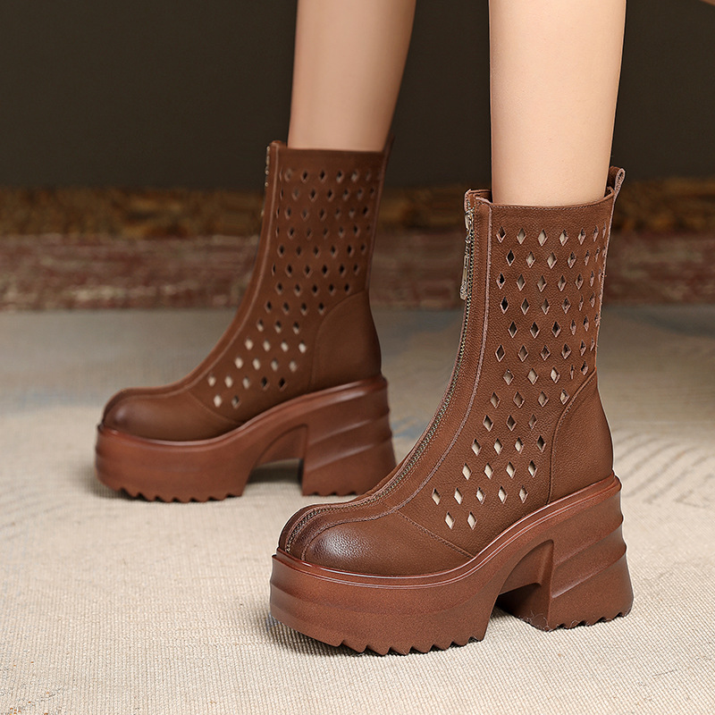 Boot nữ cổ điển khóa kéo phía trước gót dày 10 cm — Màu nâu