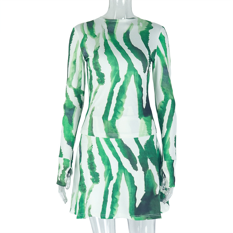 Micro Transparent High Collar Skirt Set Printed Loose Waist Wrap Two Piece Set Fresh Trendy Women Clothing