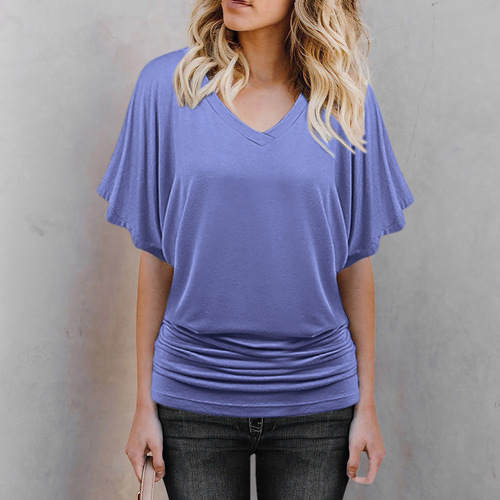 Plus-size women's solid-color V-neck batwing sleeves pleated hem loose casual short-sleeved top