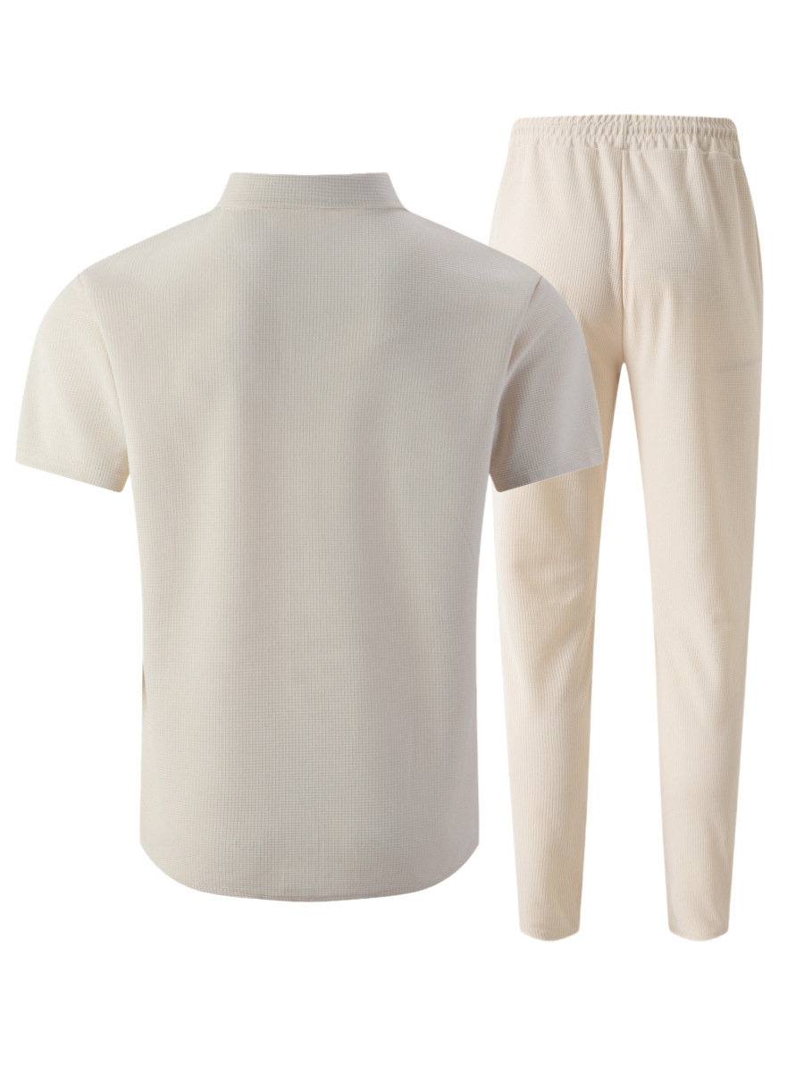 Herren Waffelstrick Set Hemd Mit Hose Zweiteiler Sommer Mode_voghion.com