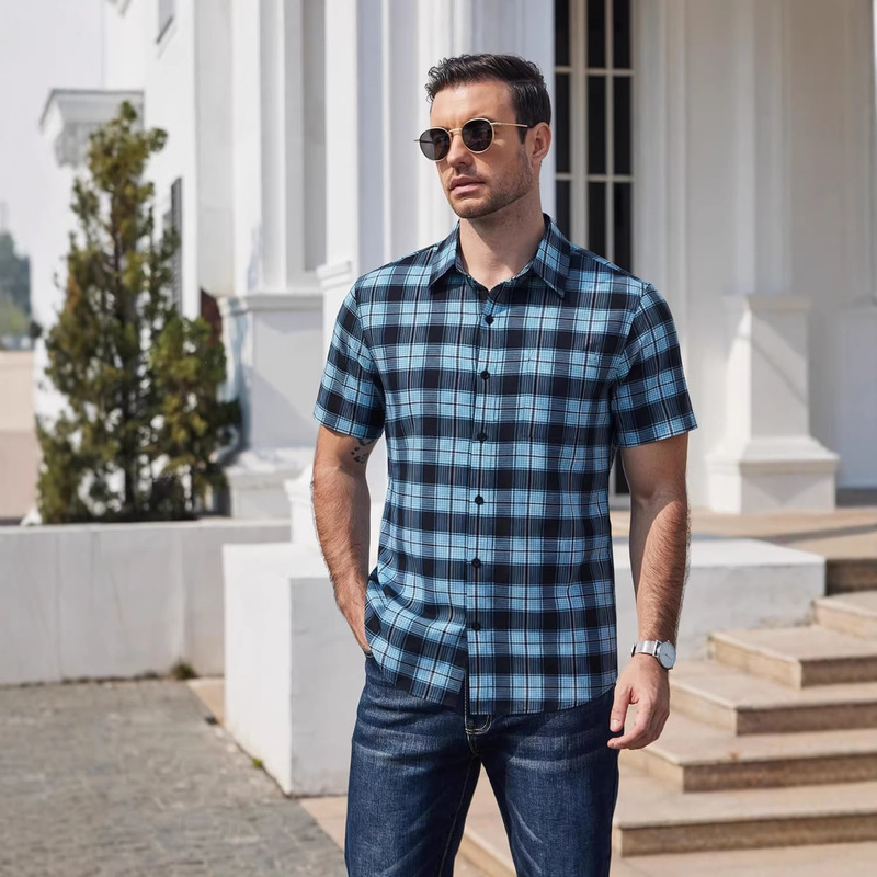 Men's Plaid Button down Shirt Short Sleeve Casual Summer Shirt Wrinkle Free Dress Shirt with Pockets Men's Plaid Button down Shirt Short Sleeve Casual Summer Shirt Wrinkle Free Dress Shirt with Pockets