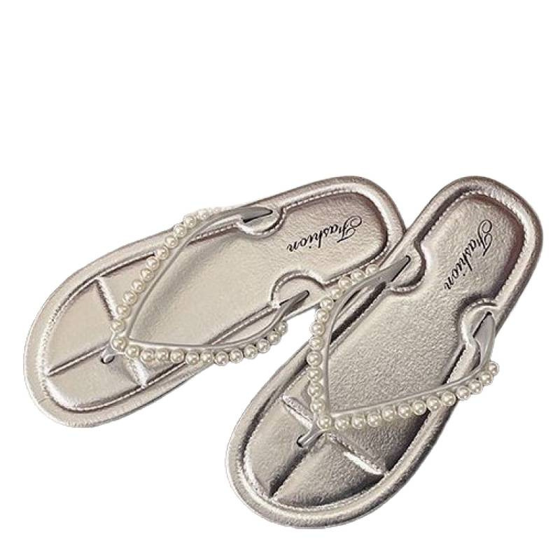 Pearl Flip-Flops For Women Summer Outdoor Toe Post French Low Heel Beach Roman Niche New Style Sandals_vogvips.com