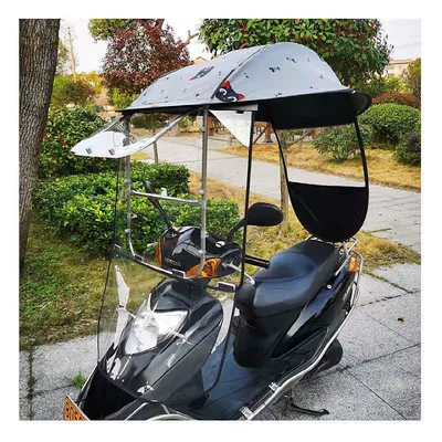 Elektromobil üçün ön şüşə çətiri (günlük) – shield, new two-wheeled model - high-definition-sliding-window-sun-protection-tarpaulin-in-light-gray-with-cat-design-rain-curtain-the-car-has-a-rearview-mirror