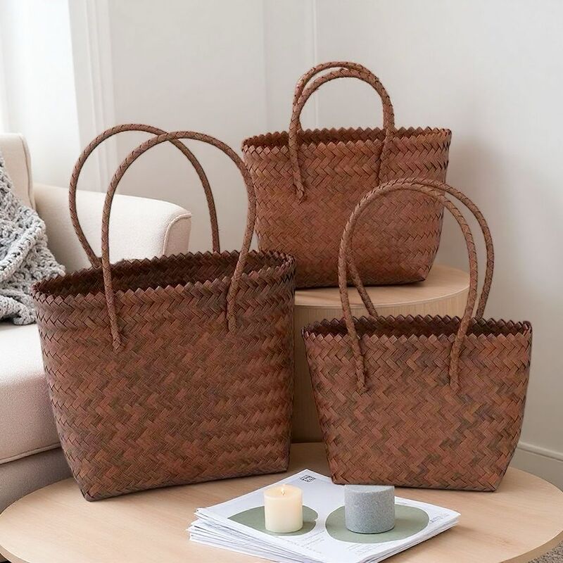 Large-Capacity Imitation Rattan Straw Bag, Hand-Woven Bag, Rattan Hand-Held Bamboo Picnic Bag for Women, Souvenir Vegetable Basket Bag