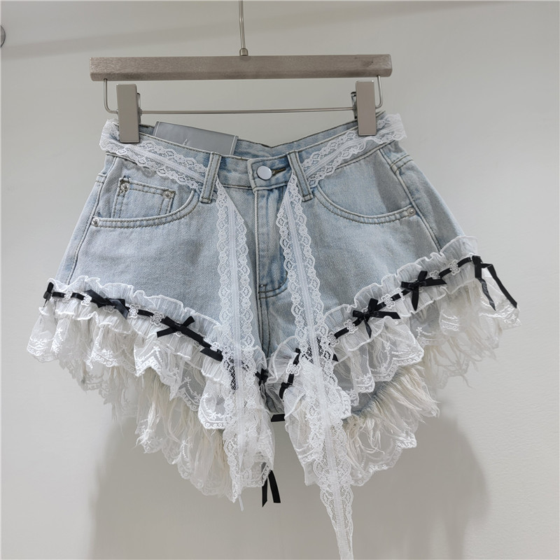 Shorts de Mezclilla con Encaje para Mujer con Lazo Decorativo