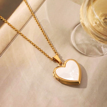 跨境不锈钢镶白贝爱心相盒吊坠项链女经典浪漫饰品高级感钛钢项饰
