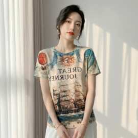 欧货2026夏装新款时尚定位航海风印花短袖T恤打底衫修身上衣女
