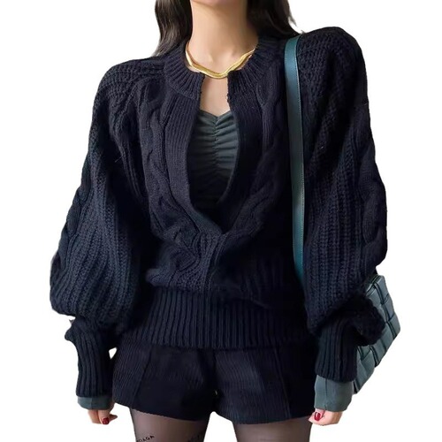 Women's 2025 Autumn/Winter Crochet Crew Neck Knit Sweater with Loose Fit and Chic Korean Style