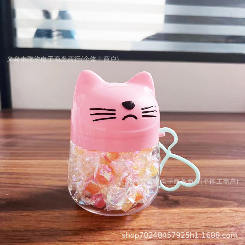 Gato de dibujos animados lindo botella de embalaje de plástico transparente de alimentos para mascotas de grado portátil caramelo con tapa soluble de frijol de color arcilla tarro lote