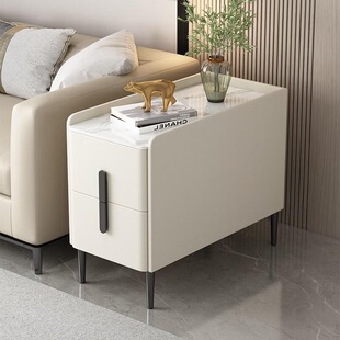 Light luxury internet celebrity sofa side cabinet solid wood side table leather coffee table ultra narrow sofa side cabinet living room storage cabinet