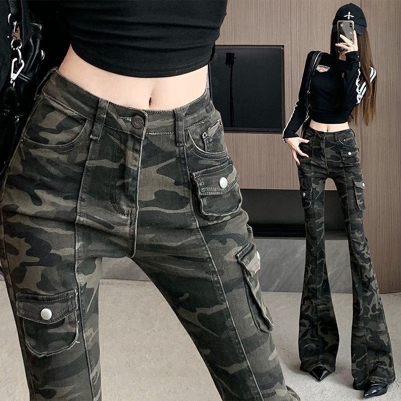 American High Street Camouflage Low-Waist Workwear Micro-Flared Jeans for Women with High-Waist Slimming Straight-Leg Horseshoe Pants