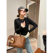 KK1231 黑色蕾丝花边磨毛抓绒T恤女2024冬季新款内搭打底上衣