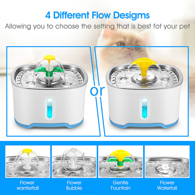 Explosiones transfronterizas 2.5L pequeñas flores para mascotas beber agua circulación con filtro purificar la calidad del agua inoxidable alimentación de agua para gatos