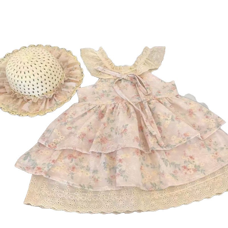 [Xianning Seven] Flores de cerezo originales ~ Vestido de encaje floral suave con mangas pequeñas y dulces de verano para niñas