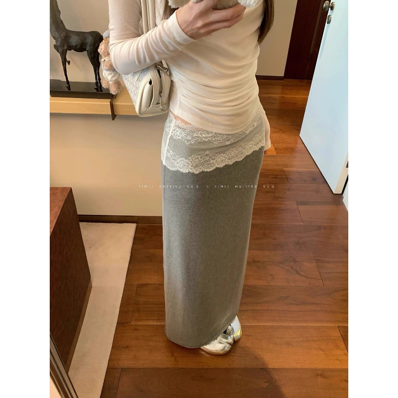 e go studio Thick Lyocell Lace Waist Midi Skirt, Versatile for Commuters, Korean Style, Casual Slim Fit Skirt