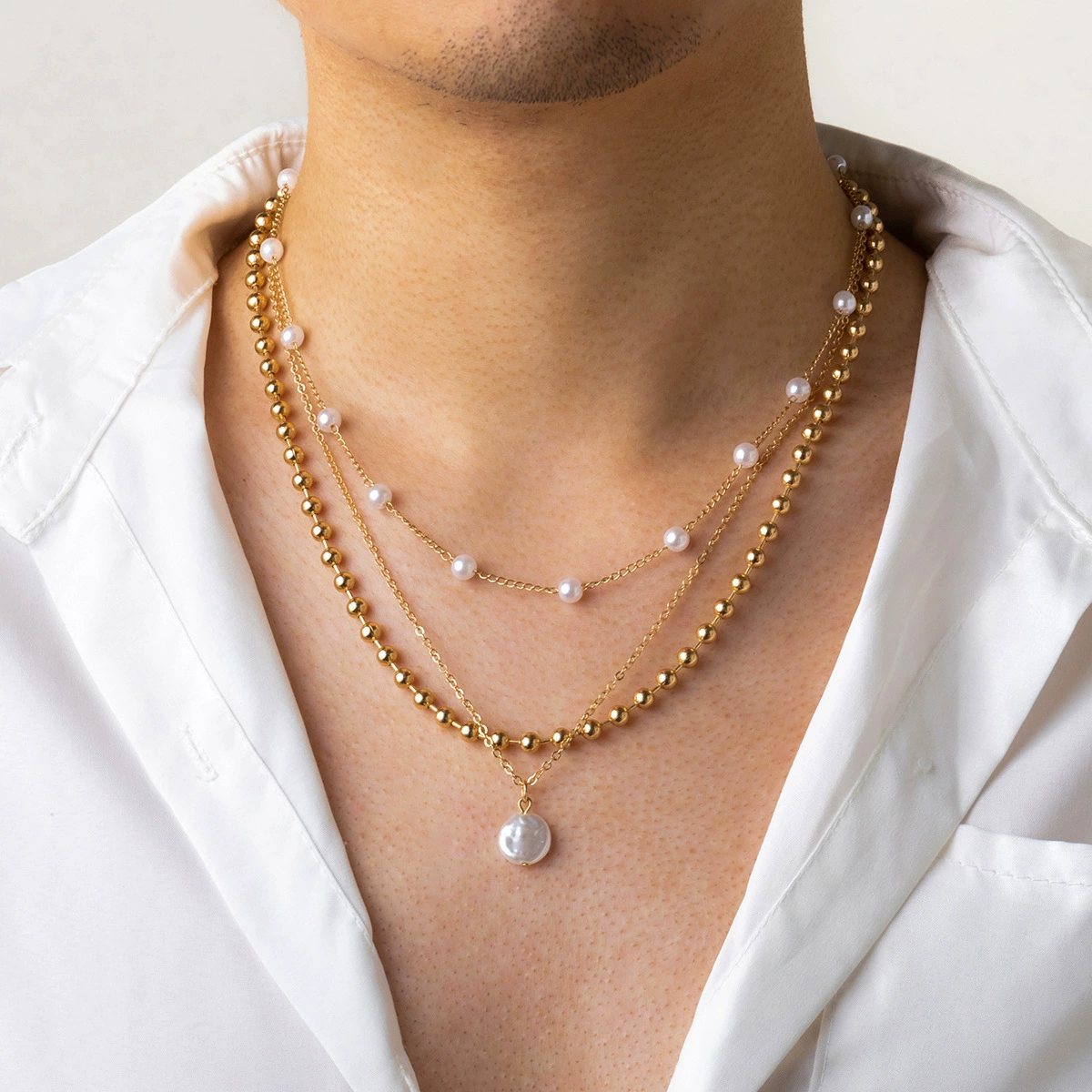 Европейское и американское жемчужное сшивание ожерелья мужской прилив высокого уровня простой моды носить ключицы хип-хоп персонализированные трансграничные украшения