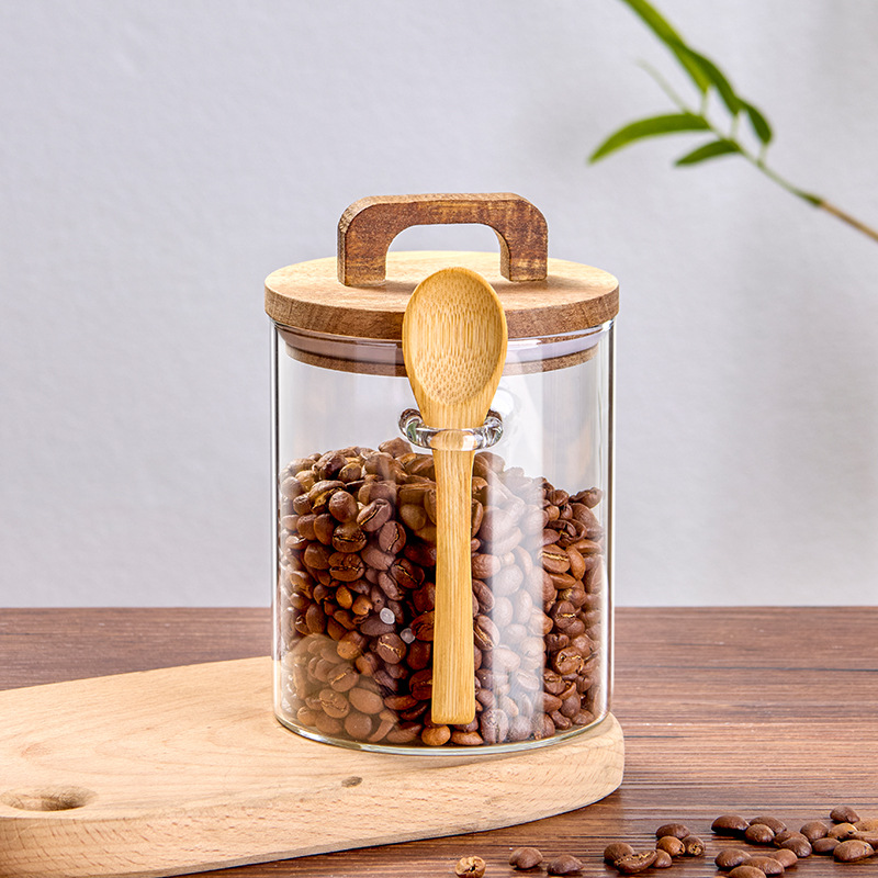 Granos de café con cucharas, frasco de vidrio sellado, tanque de almacenamiento de café en polvo, lata de té, caja de almacenamiento de granos