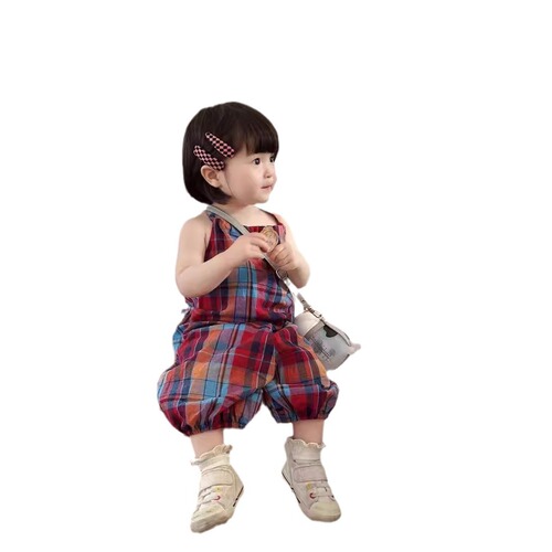 Korean-style Kids' Girl Baby Internet-Famous Plaid Jumpsuit Trendy Summer Children's Wear with Cute Rabbit-Tail Design, Girls' Suspender Pants