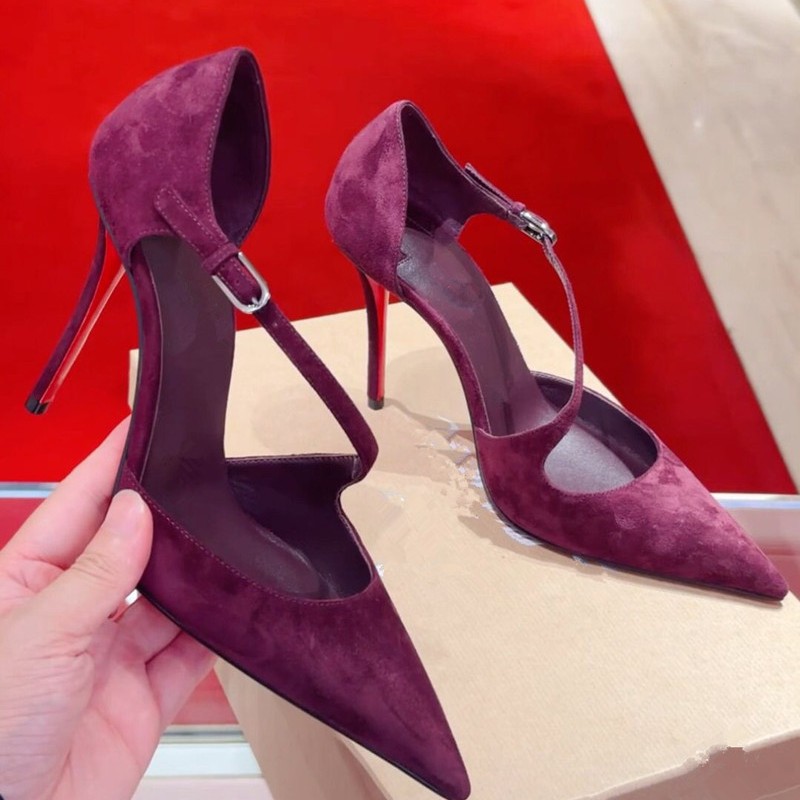Burgundy Pointed-Toe Stiletto High Heels for Women, 2026 New Style, Elegant and Sexy, Shallow Red Sole Single Shoes, Suede