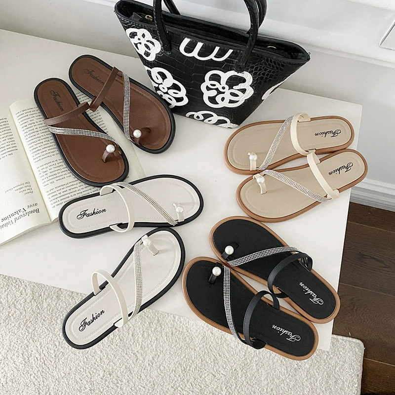 Сетка красных жемчужных шлепанцев для женщин, носящих плоское дно летом