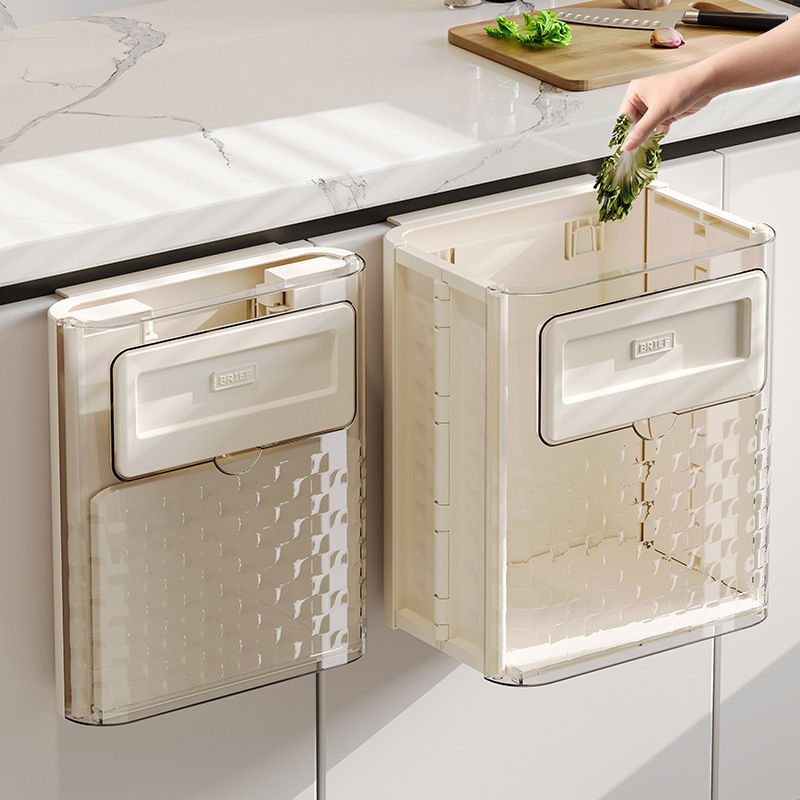 Kitchen Wall-Mounted Trash Can for Food Waste, Foldable Household Seamless Adhesive Cabinet Bathroom Waste Basket