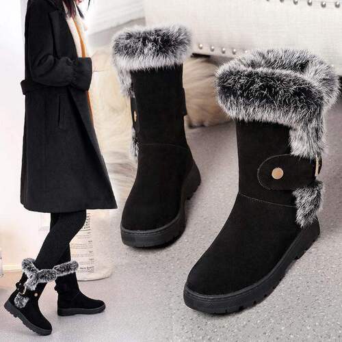 Autumn and winter new warm cotton shoes, flat non-slip women's boots, suede thick snow boots, medium tube fluffy shoes, cotton boots