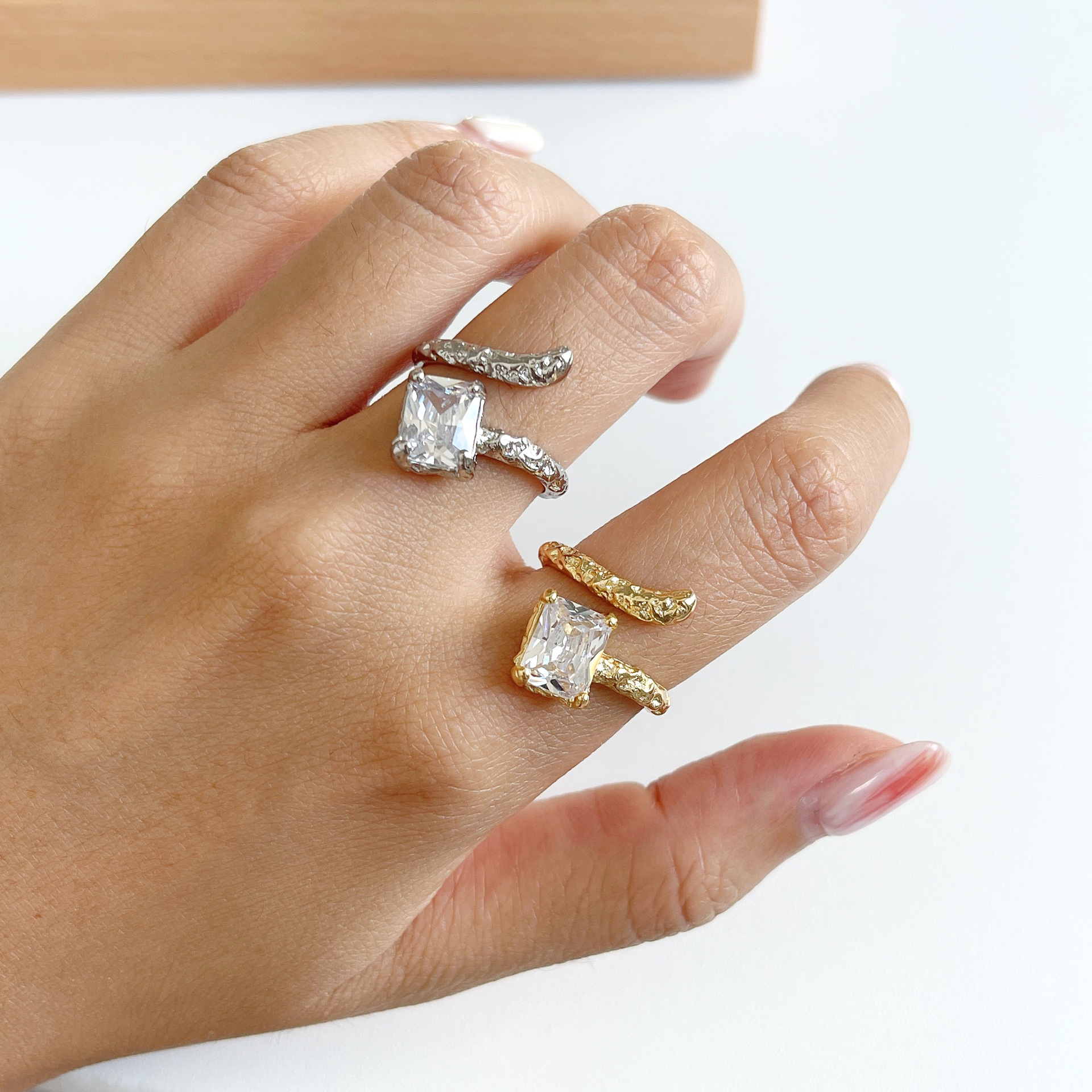 Fashion Square Copper Plating Inlay Artificial Diamond Open Ring 1 Piece