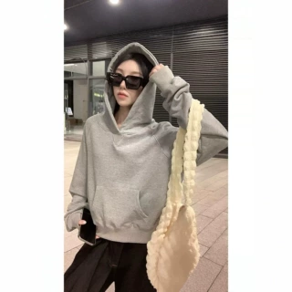 灰色短款连帽卫衣女款小个子2026新款早秋季外套单穿韩系长袖上衣