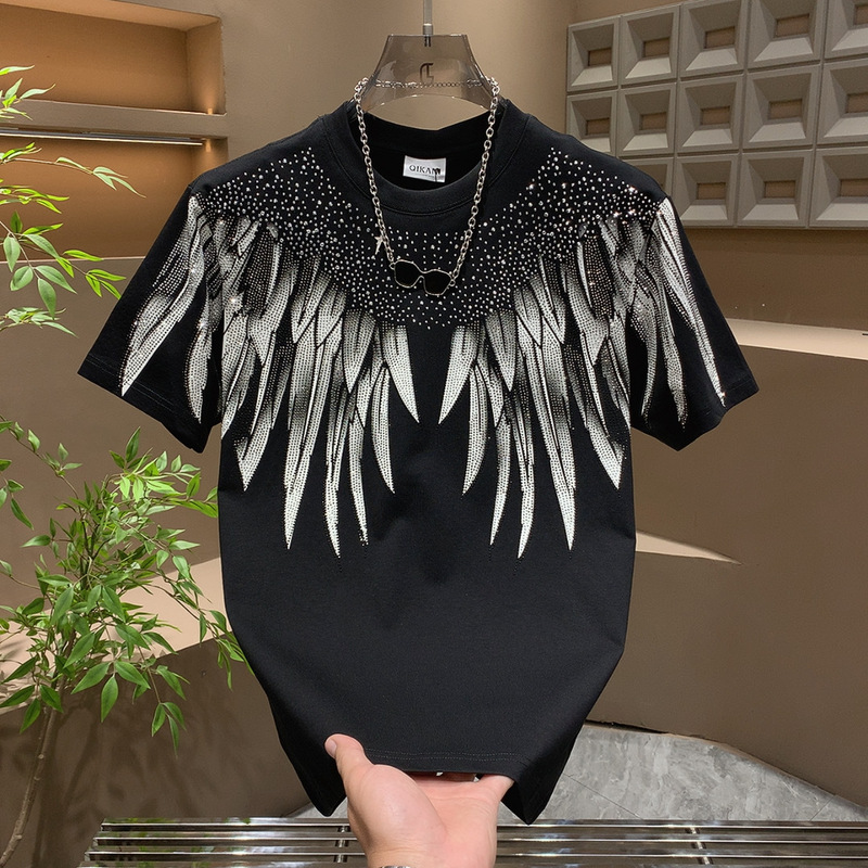 Summer New Men's Short-Sleeve T-Shirt American Trendy Brand Personality Wing Print Rhinestone Light Luxury Versatile Crew Neck Top