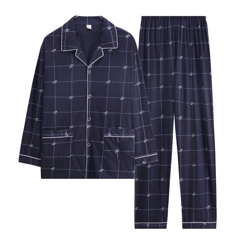 100% pijamas de algodón de manga larga de los hombres sueltos más tamaño aguja pequeño collar inverso joven y de mediana edad de primavera y otoño ropa de casa manga corta tejida
