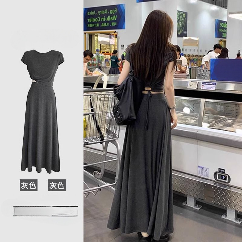 Đầm maxi nữ thắt eo phong cách Pháp mùa hè 2026, thiết kế ôm sát tôn dáng — đen/cổ điển gầy, B5-05=giá trị thông số Kd, (cài 2), Màu xám nhạt tươi chi tiết 4