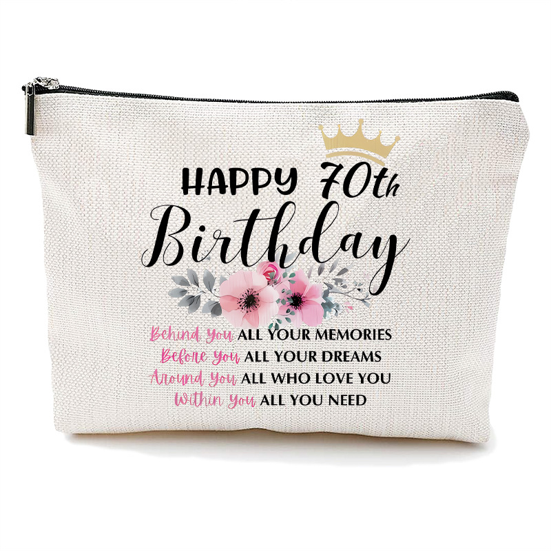 Bolso de maquillaje transfronterizo para mujer de Amazon, bolsa de maquillaje de cumpleaños de 70 años, bolsa de almacenamiento, bolsa de lino impermeable con cremallera