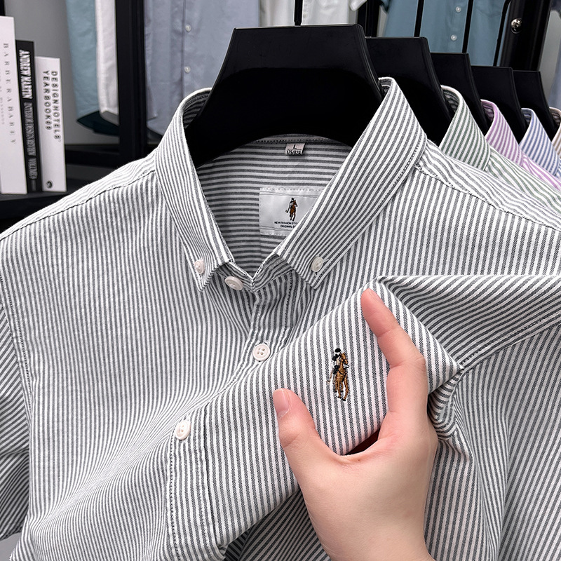Cross-Border Autumn Men's 100% Cotton Shirt Short-Sleeved Casual Stripesd Embroider No-Iron High-Quality Shirt Men's Wholesale