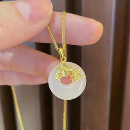 999足金花枝玉翠吊坠女黄金镶玉花丝项链24K纯金挂坠母亲节送长辈