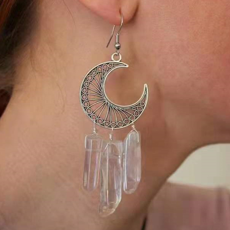 Chinoiserie Retro Simple Style Geometric Moon Crystal Patchwork Chandelier Earrings 1 Pair