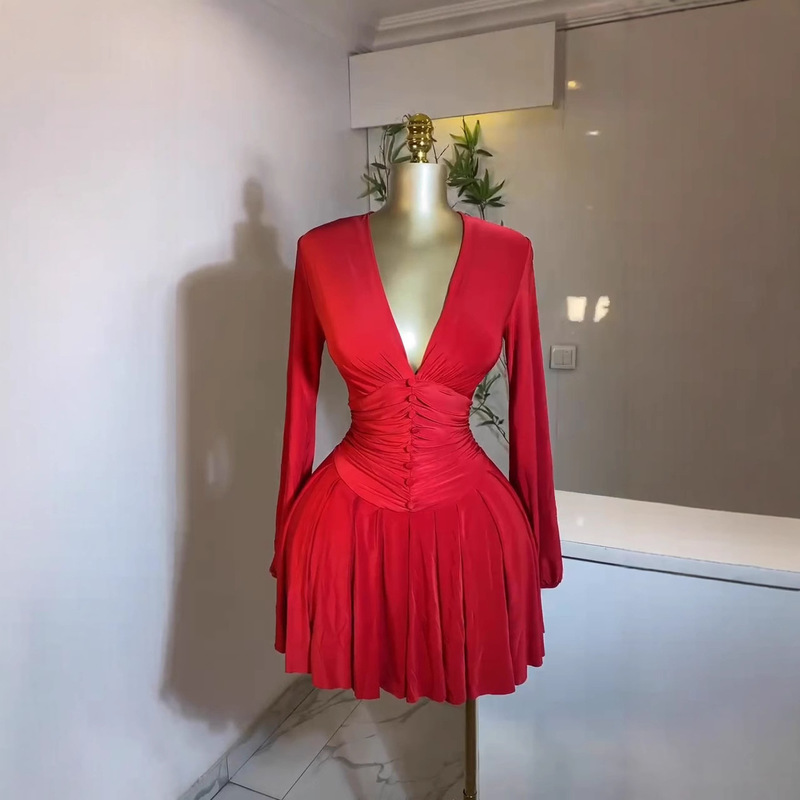 Foreign Trade Women's Pleated V Neck Long-Sleeved Dress French Style Slim Waist Slimming Look Pleated Short Skirt