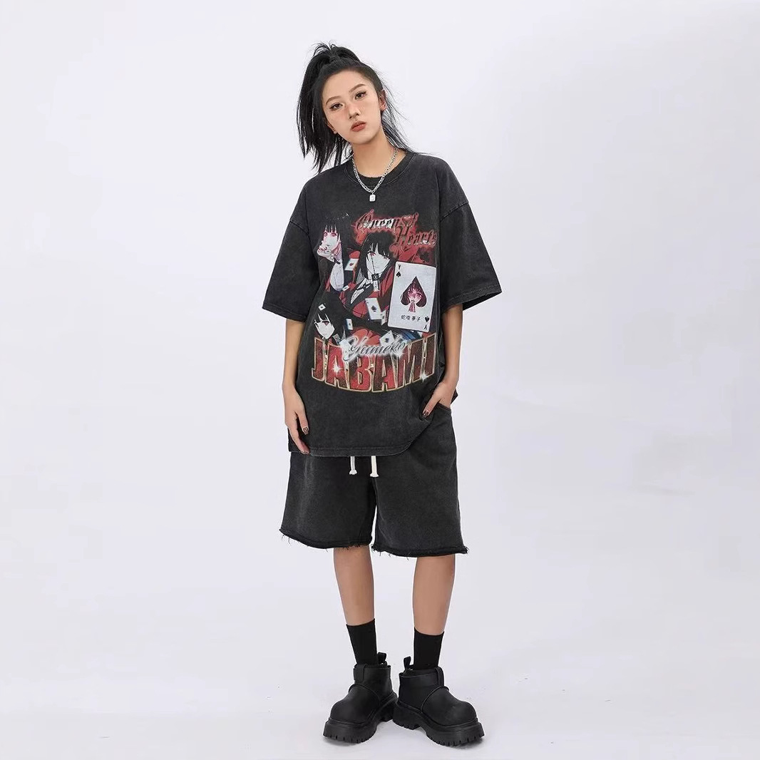 2025 primavera y verano nuevos productos de lavado de agua para hacer vieja impresión blanca masculina camiseta de manga corta suelta marca de moda retro t camiseta de base universal