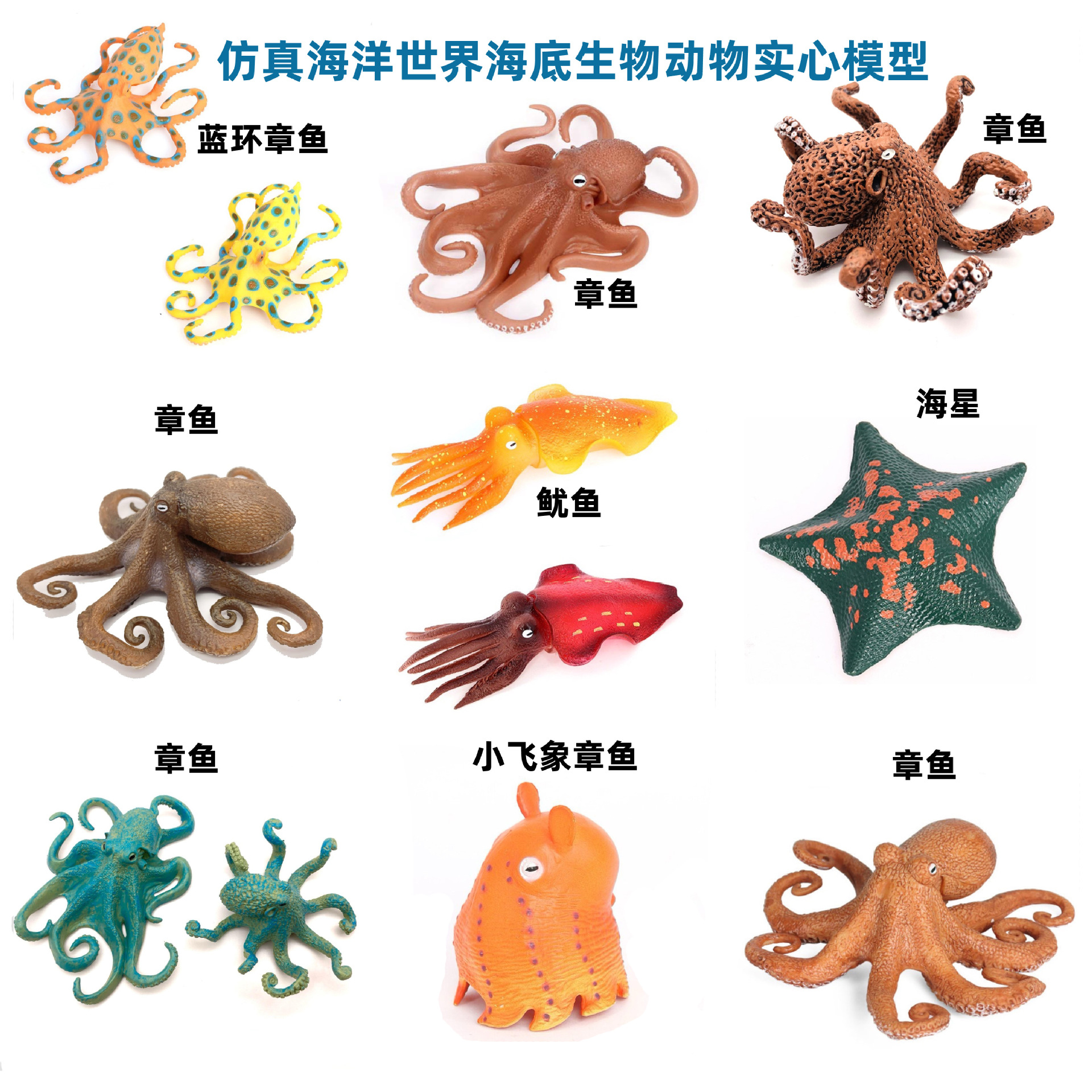 跨境海洋生物动物模型儿童认知仿真蓝环章鱼 八爪鱼 乌贼玩具模型