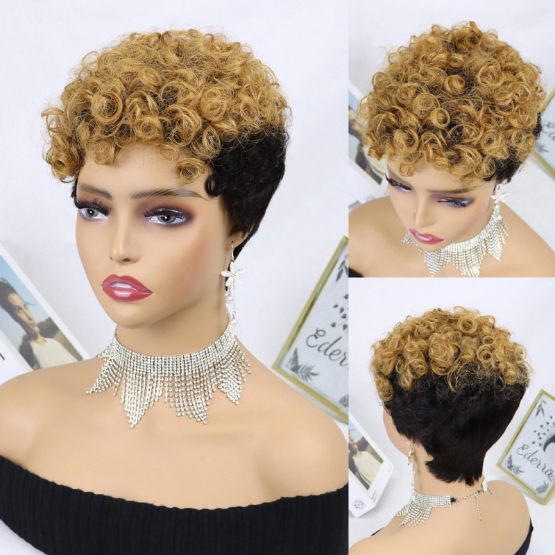 6インチpixie cut wig human hairウールカーラーカバーcurlyフルメカニズムリアルヘアカバー|undefined