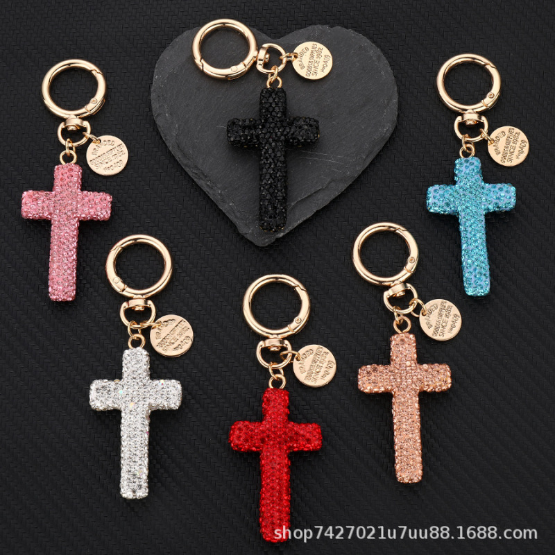 Full Diamond Cross Leather Cord Keychain Trendy Cross Car Keyring Creative Simple Key Bag Pendant